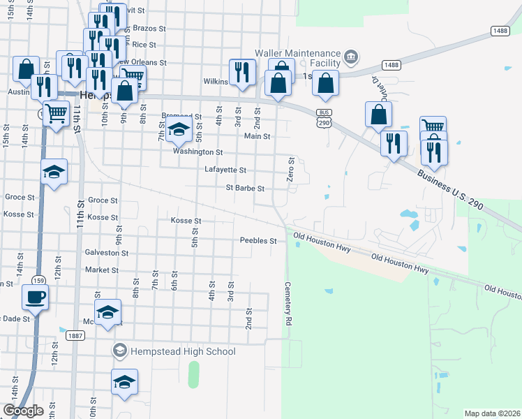 map of restaurants, bars, coffee shops, grocery stores, and more near 115 Groce Street in Hempstead