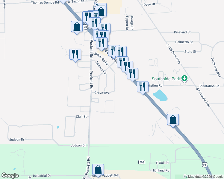 map of restaurants, bars, coffee shops, grocery stores, and more near 218 Magnolia Road in Perry