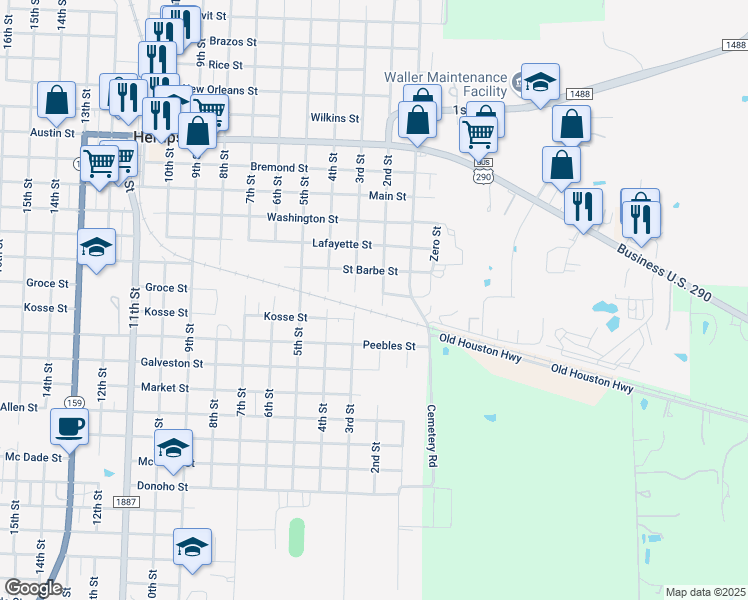 map of restaurants, bars, coffee shops, grocery stores, and more near 1419 2nd Street in Hempstead