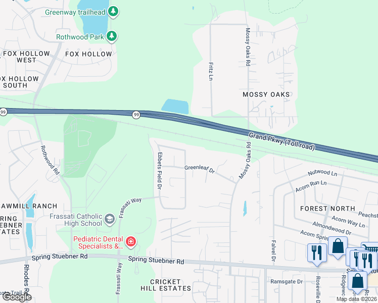 map of restaurants, bars, coffee shops, grocery stores, and more near 22530 Forbes Field Trail in Spring