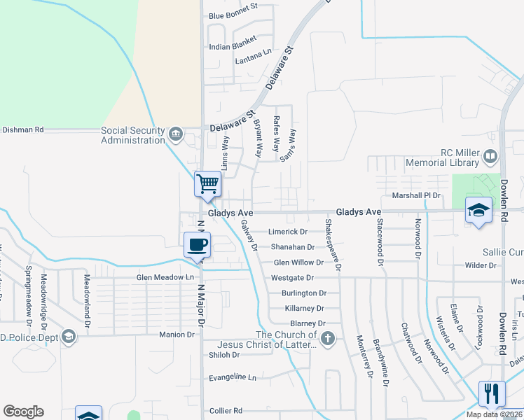 map of restaurants, bars, coffee shops, grocery stores, and more near 8090 Gladys Avenue in Beaumont