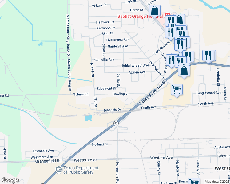 map of restaurants, bars, coffee shops, grocery stores, and more near 3508 Bowling Lane in Orange