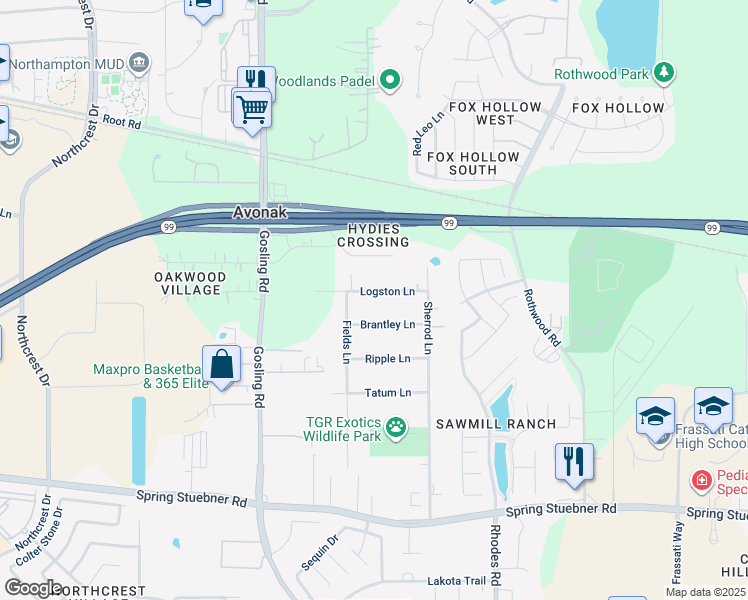 map of restaurants, bars, coffee shops, grocery stores, and more near 5407 Logston Lane in Spring