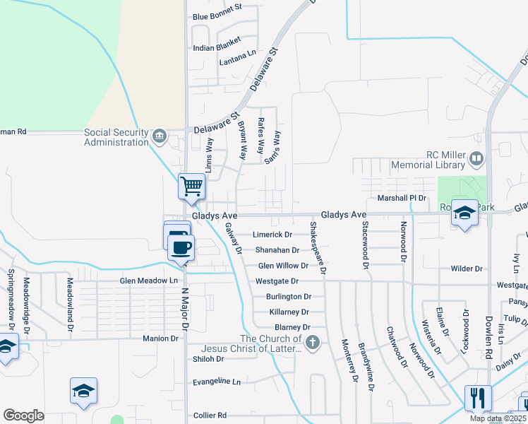 map of restaurants, bars, coffee shops, grocery stores, and more near 7990 Gladys Avenue in Beaumont