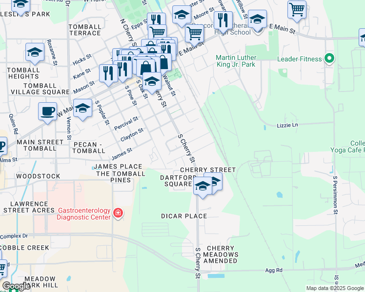 map of restaurants, bars, coffee shops, grocery stores, and more near 300 Belmont Street in Tomball