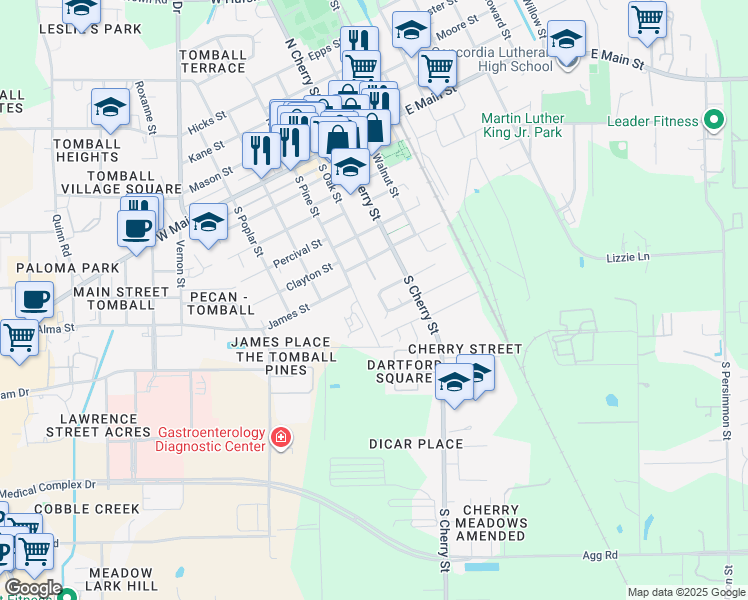 map of restaurants, bars, coffee shops, grocery stores, and more near 708 South Oak Street in Tomball