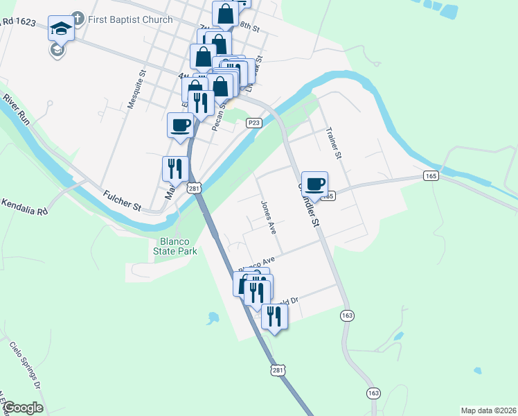 map of restaurants, bars, coffee shops, grocery stores, and more near 525 Jones Street in Blanco