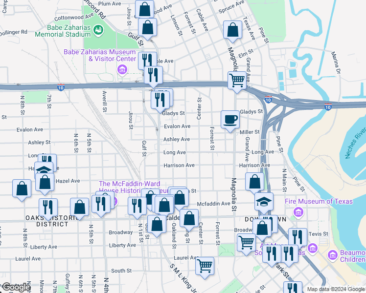 map of restaurants, bars, coffee shops, grocery stores, and more near 1043 Ewing Street in Beaumont