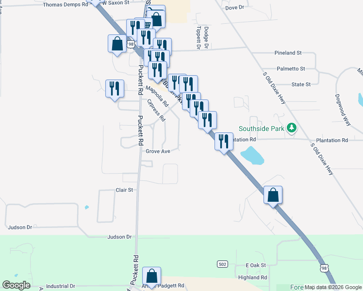 map of restaurants, bars, coffee shops, grocery stores, and more near 218 Magnolia Road in Perry