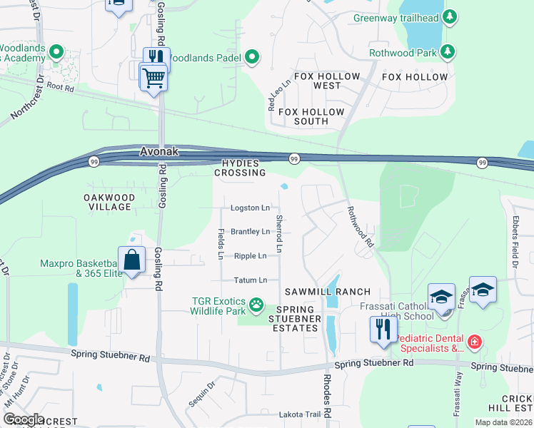 map of restaurants, bars, coffee shops, grocery stores, and more near 5311 Logston Lane in Spring