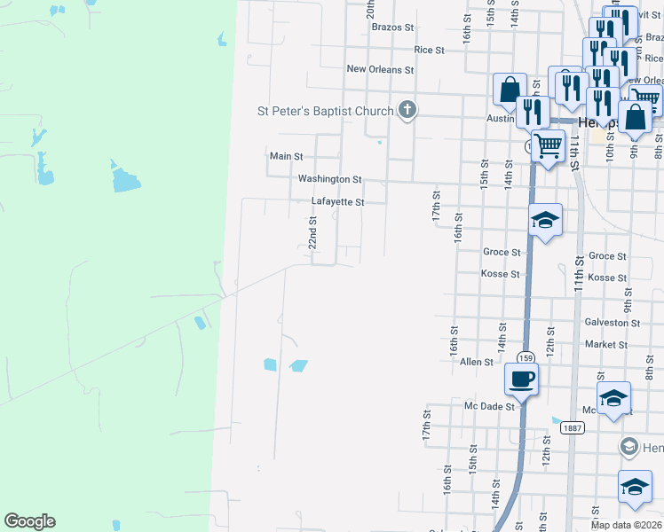 map of restaurants, bars, coffee shops, grocery stores, and more near 1450 21st Street in Hempstead