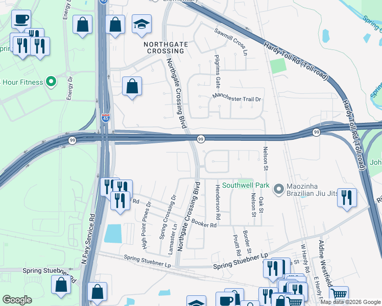 map of restaurants, bars, coffee shops, grocery stores, and more near 22743 Northgate Ridge Drive in Spring