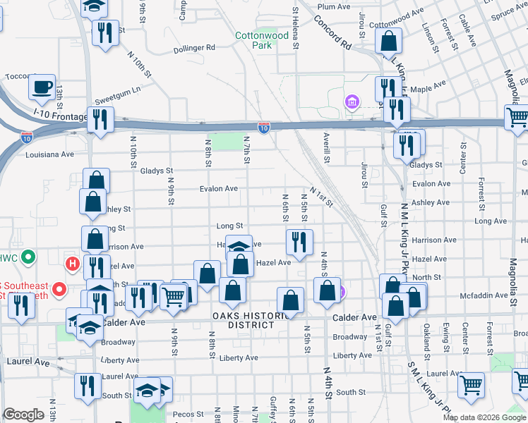 map of restaurants, bars, coffee shops, grocery stores, and more near 2247 Ashley Street in Beaumont