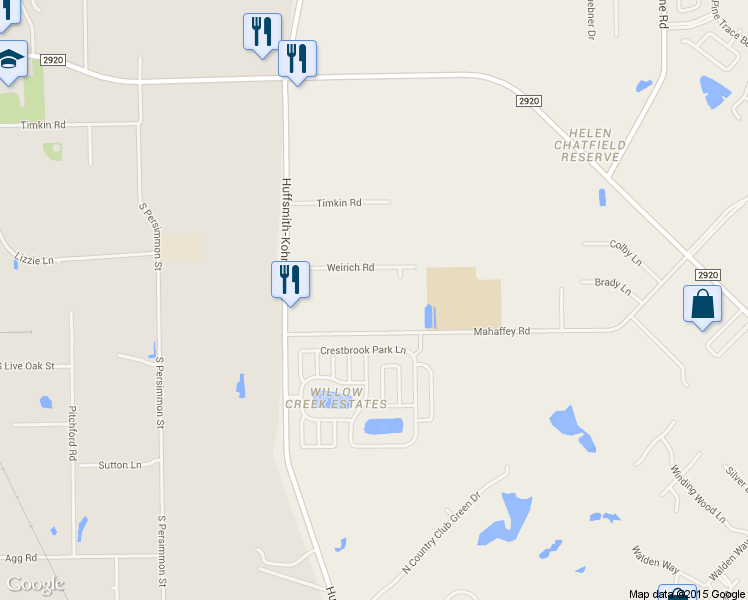 map of restaurants, bars, coffee shops, grocery stores, and more near 11420 Mahaffey Road in Tomball