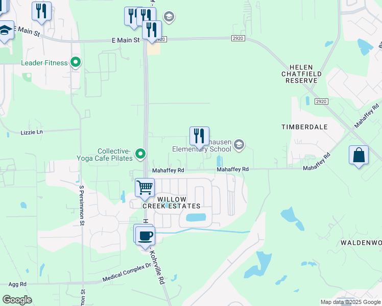 map of restaurants, bars, coffee shops, grocery stores, and more near 11420 Mahaffey Road in Tomball