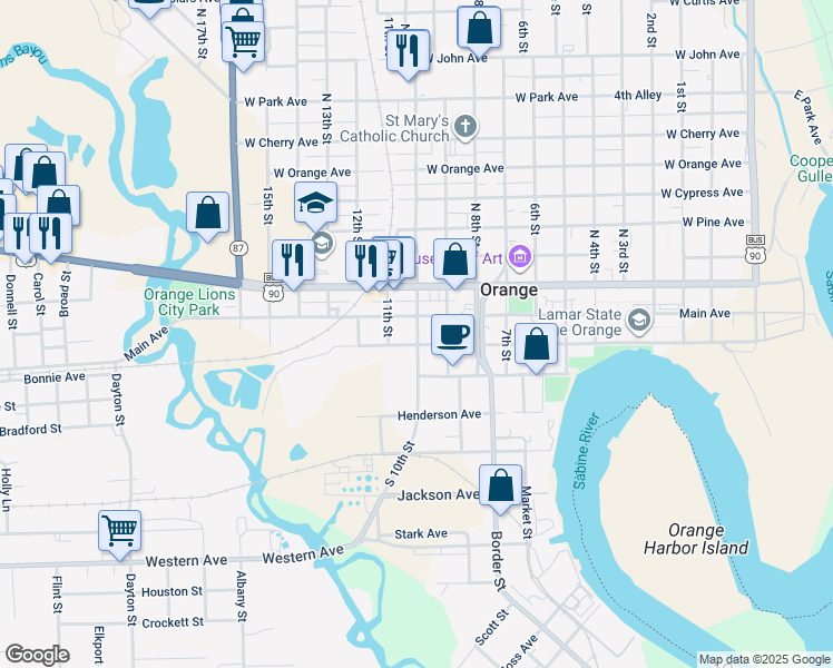map of restaurants, bars, coffee shops, grocery stores, and more near 204 South 10th Street in Orange