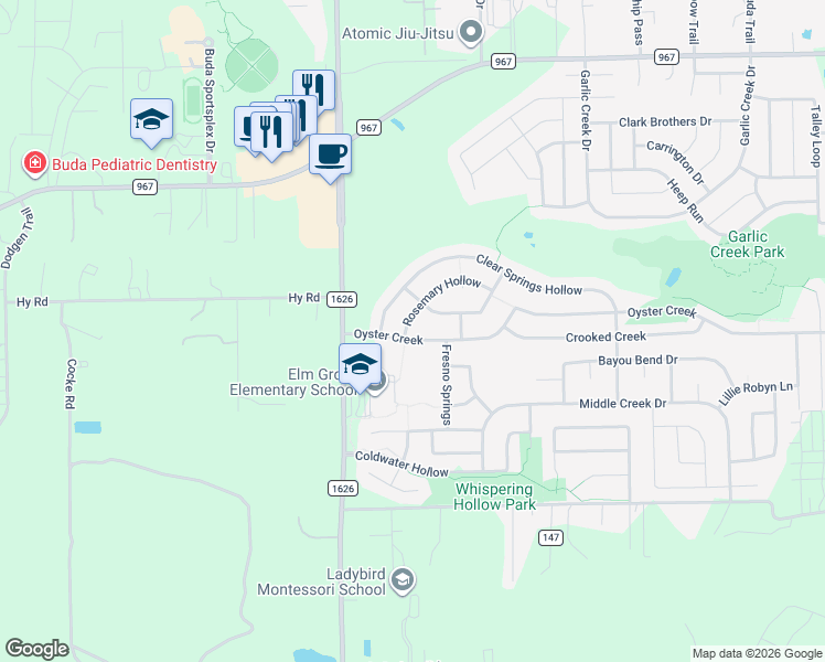 map of restaurants, bars, coffee shops, grocery stores, and more near 126 Rosemary Hollow in Buda