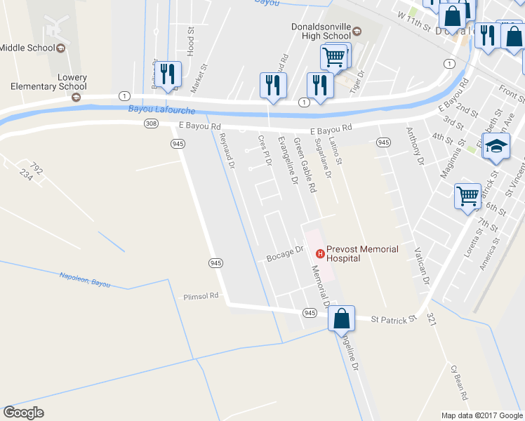 map of restaurants, bars, coffee shops, grocery stores, and more near 120 Ashland Dr in Donaldsonville