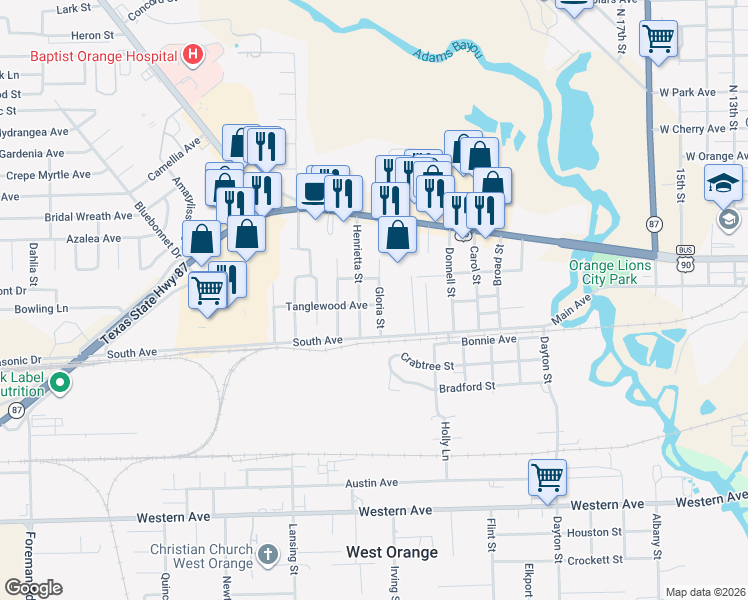 map of restaurants, bars, coffee shops, grocery stores, and more near 2602 Tanglewood Avenue in West Orange