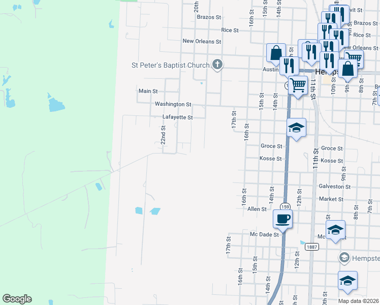 map of restaurants, bars, coffee shops, grocery stores, and more near 1331 19th Street in Hempstead
