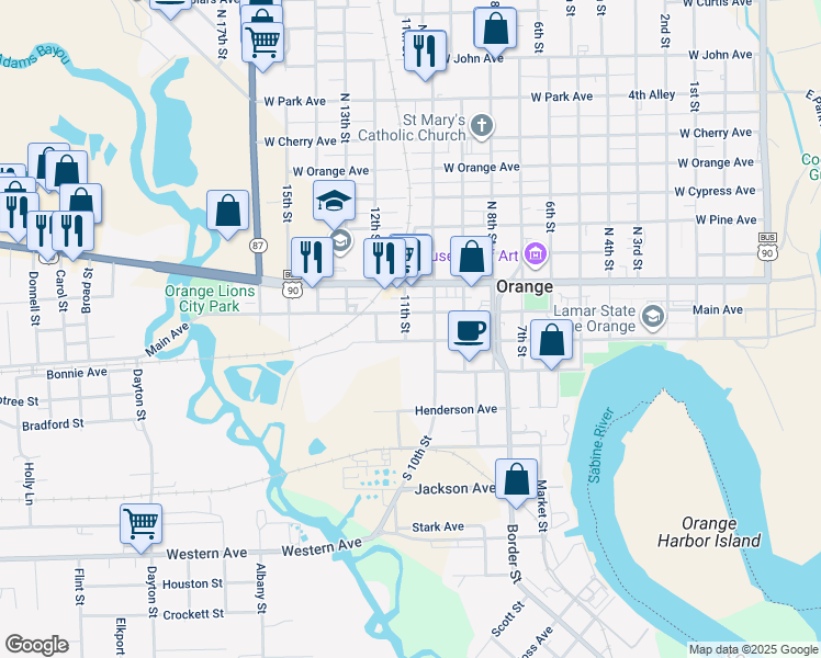 map of restaurants, bars, coffee shops, grocery stores, and more near 208 11th Street in Orange