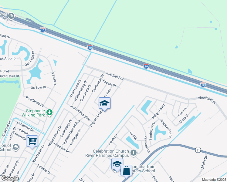 map of restaurants, bars, coffee shops, grocery stores, and more near 3033 English Colony Drive in LaPlace