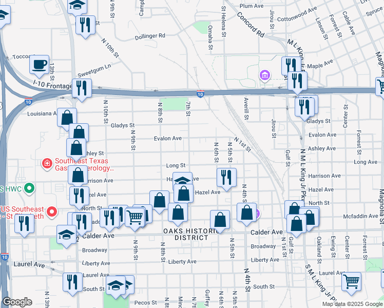 map of restaurants, bars, coffee shops, grocery stores, and more near 1090 North 7th Street in Beaumont