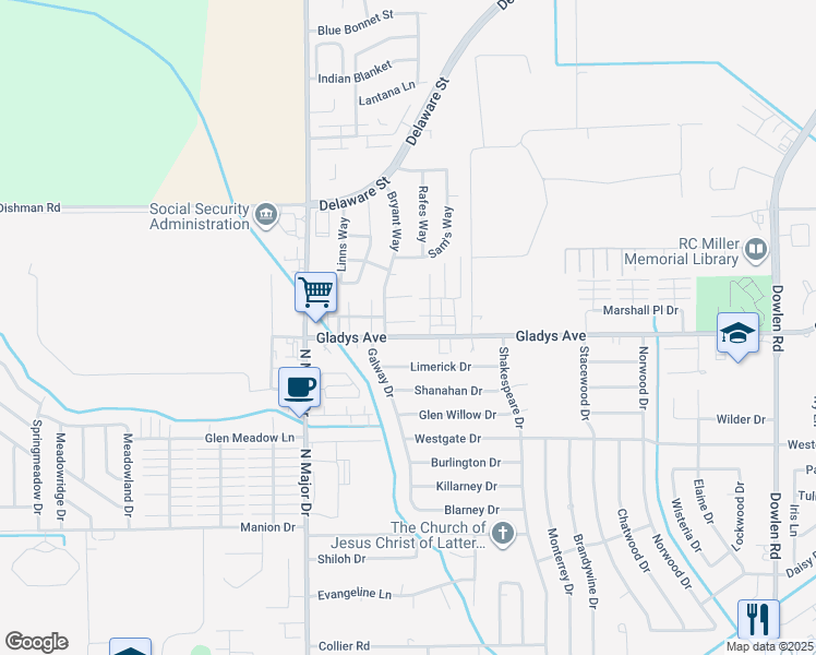 map of restaurants, bars, coffee shops, grocery stores, and more near 8040 Gladys Avenue in Beaumont