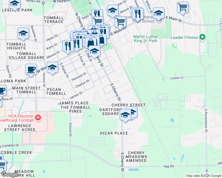 map of restaurants, bars, coffee shops, grocery stores, and more near 300 Belmont Street in Tomball