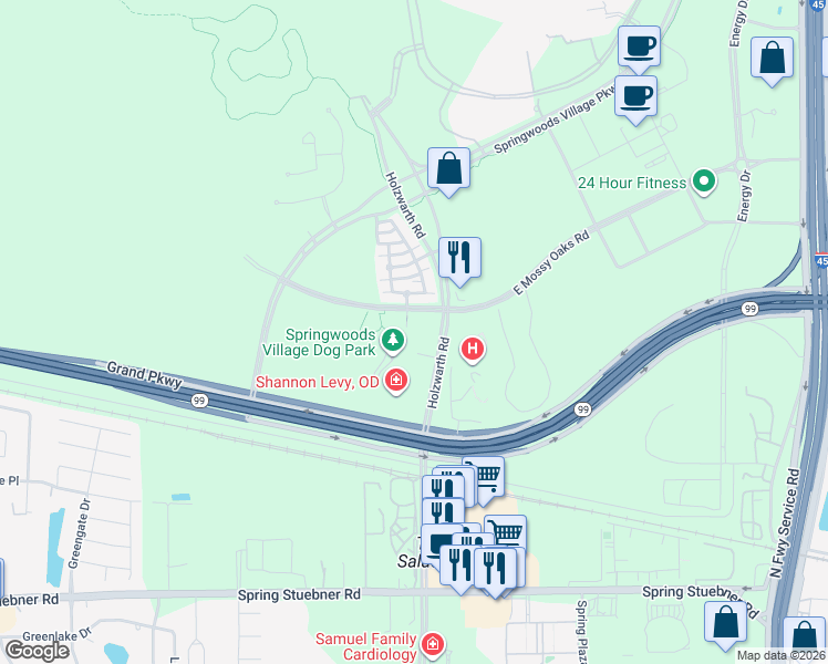map of restaurants, bars, coffee shops, grocery stores, and more near 2323 East Mossy Oaks Road in Spring