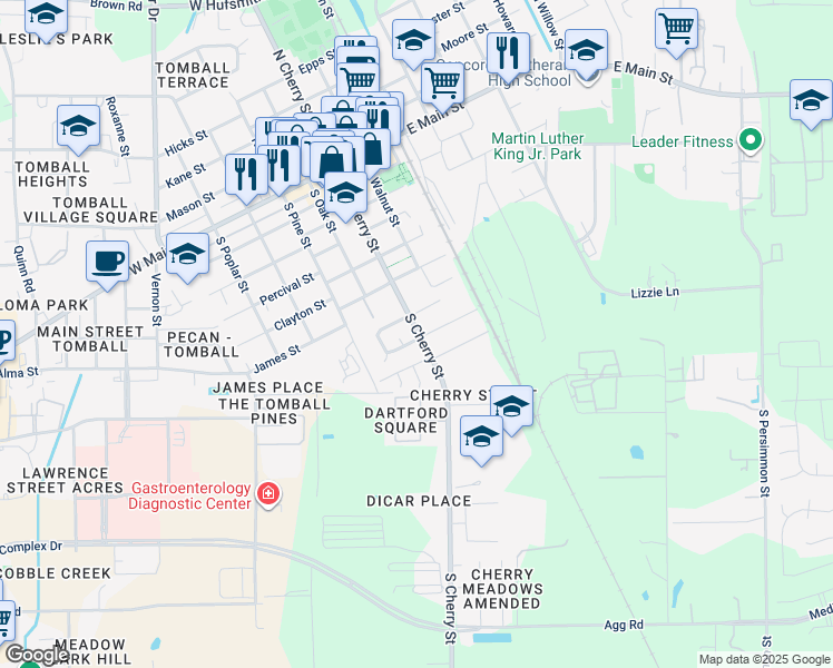 map of restaurants, bars, coffee shops, grocery stores, and more near 300 Belmont Street in Tomball