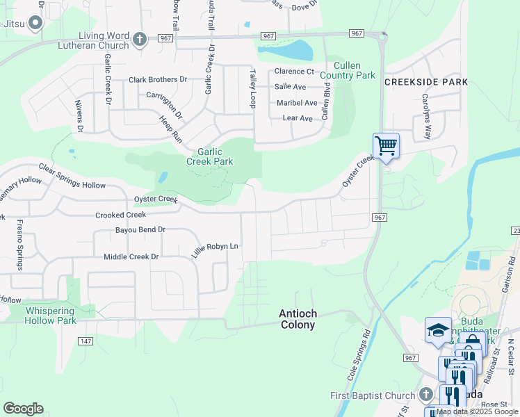 map of restaurants, bars, coffee shops, grocery stores, and more near 191 Enchanted Woods Trail in Buda