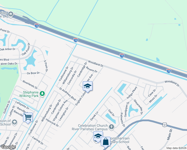 map of restaurants, bars, coffee shops, grocery stores, and more near 3033 English Colony Drive in LaPlace