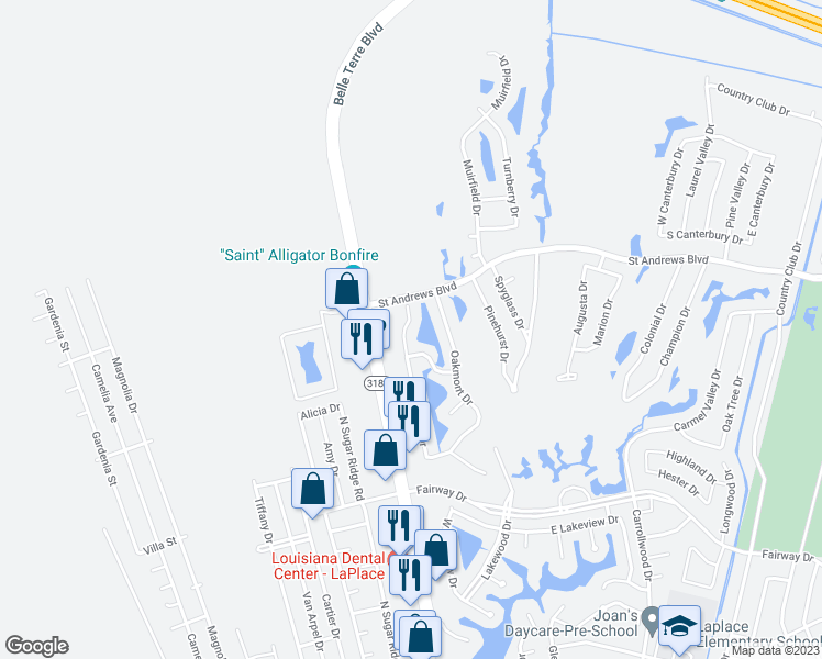 map of restaurants, bars, coffee shops, grocery stores, and more near 109 Portrush Drive in LaPlace
