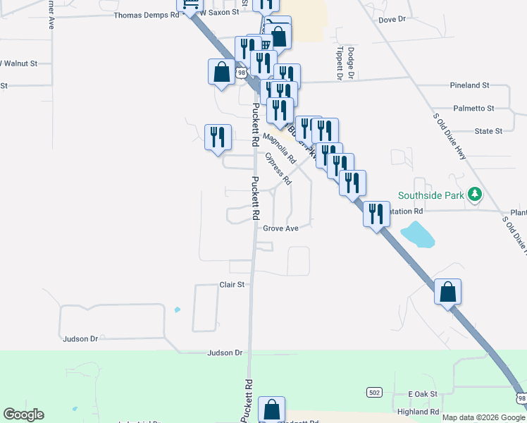 map of restaurants, bars, coffee shops, grocery stores, and more near 410 Puckett Road in Perry