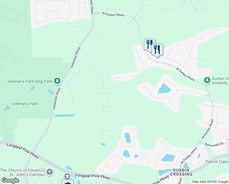 map of restaurants, bars, coffee shops, grocery stores, and more near 116 Grant Logan Drive in Saint Johns