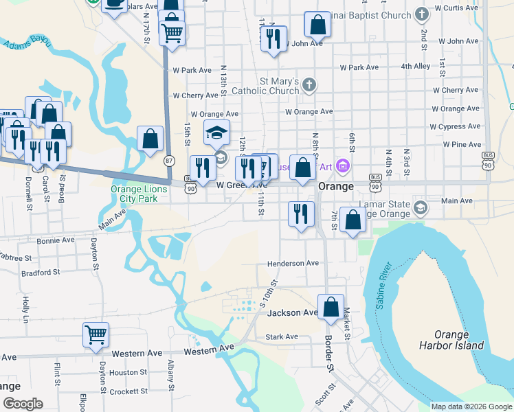 map of restaurants, bars, coffee shops, grocery stores, and more near 208 11th Street in Orange