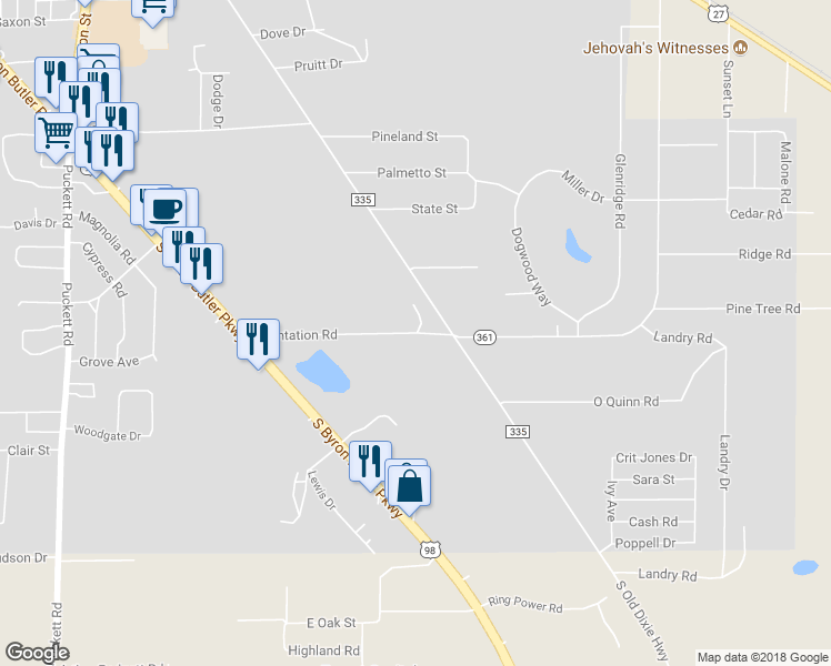 map of restaurants, bars, coffee shops, grocery stores, and more near 618 Plantation Road in Perry