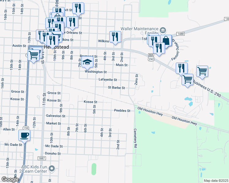 map of restaurants, bars, coffee shops, grocery stores, and more near 1419 2nd Street in Hempstead