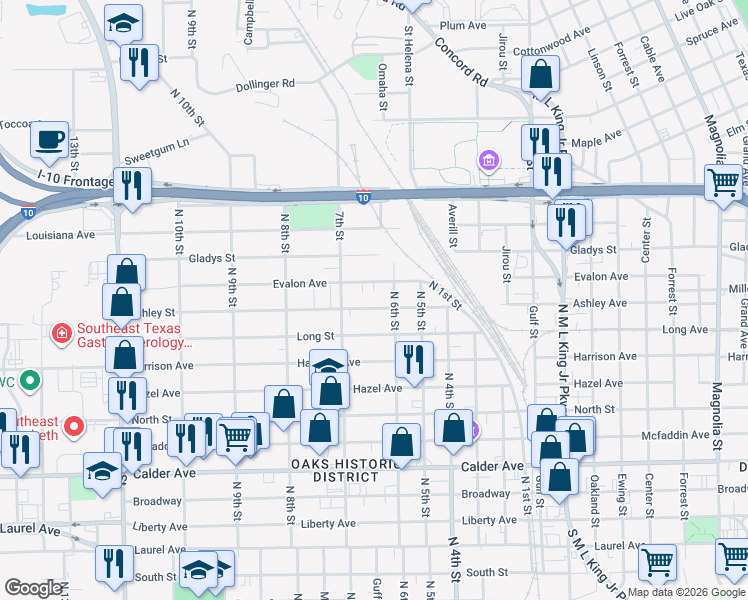 map of restaurants, bars, coffee shops, grocery stores, and more near 2235 Ashley Street in Beaumont