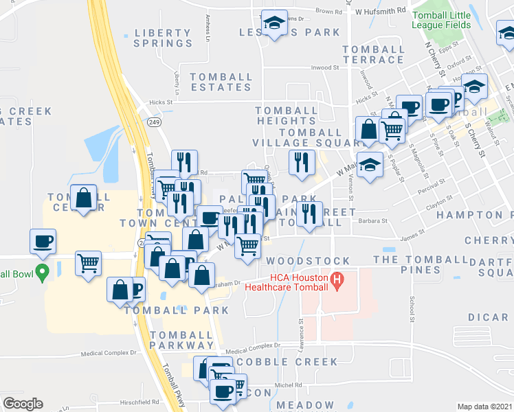 map of restaurants, bars, coffee shops, grocery stores, and more near 1218 W Main St in Tomball