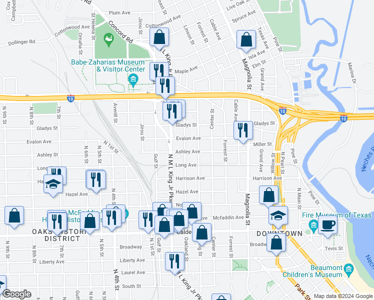 map of restaurants, bars, coffee shops, grocery stores, and more near 1380 Ashley Avenue in Beaumont
