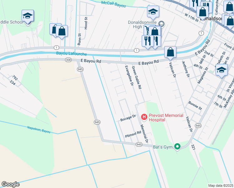 map of restaurants, bars, coffee shops, grocery stores, and more near Belle Alliance Drive in Donaldsonville