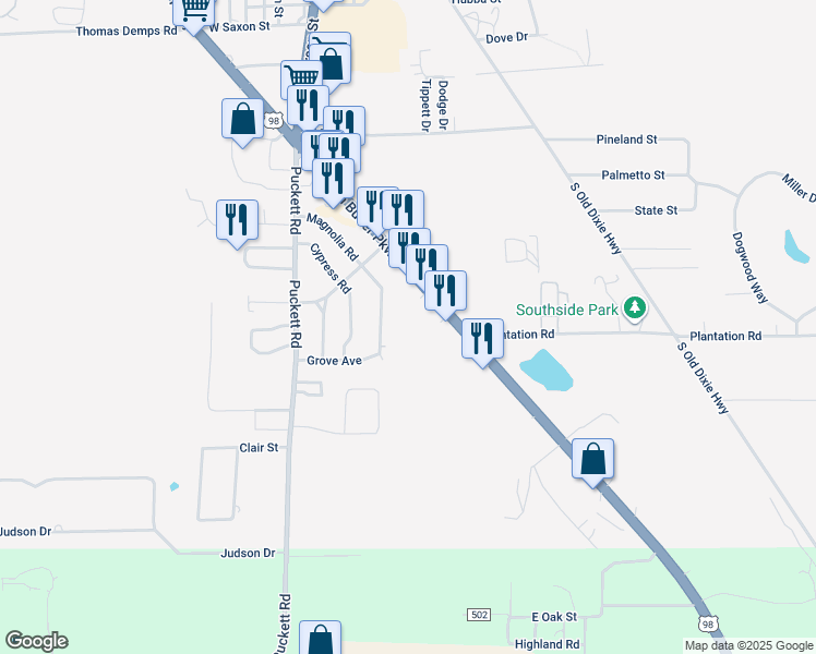 map of restaurants, bars, coffee shops, grocery stores, and more near 2273 South Byron Butler Parkway in Perry