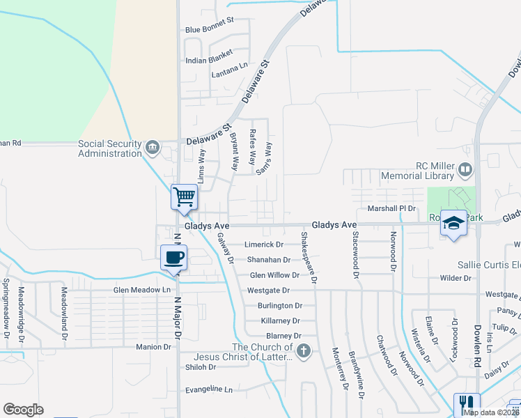 map of restaurants, bars, coffee shops, grocery stores, and more near 7990 Gladys Avenue in Beaumont
