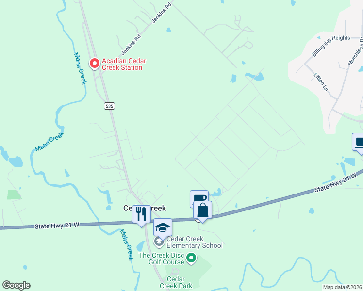 map of restaurants, bars, coffee shops, grocery stores, and more near 181 Gato Road in Cedar Creek