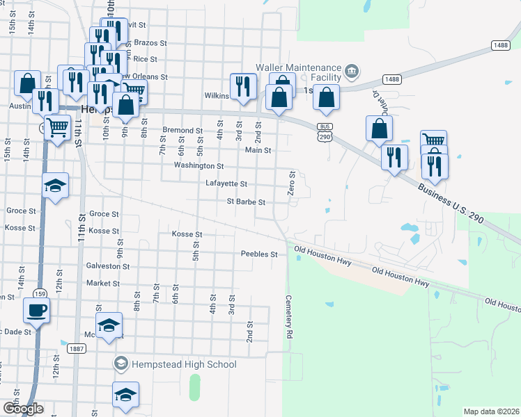 map of restaurants, bars, coffee shops, grocery stores, and more near 115 Groce Street in Hempstead