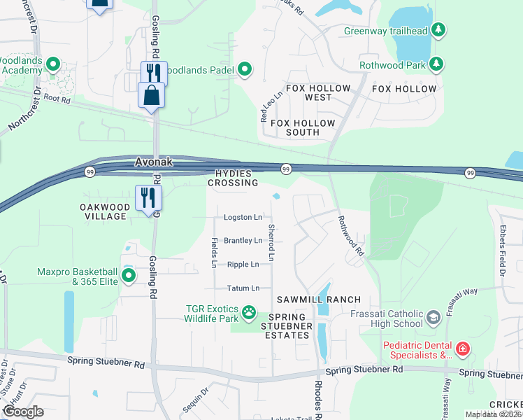 map of restaurants, bars, coffee shops, grocery stores, and more near 5311 Logston Lane in Spring