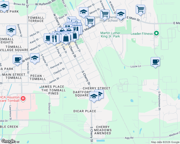 map of restaurants, bars, coffee shops, grocery stores, and more near 216 Southmore Street in Tomball