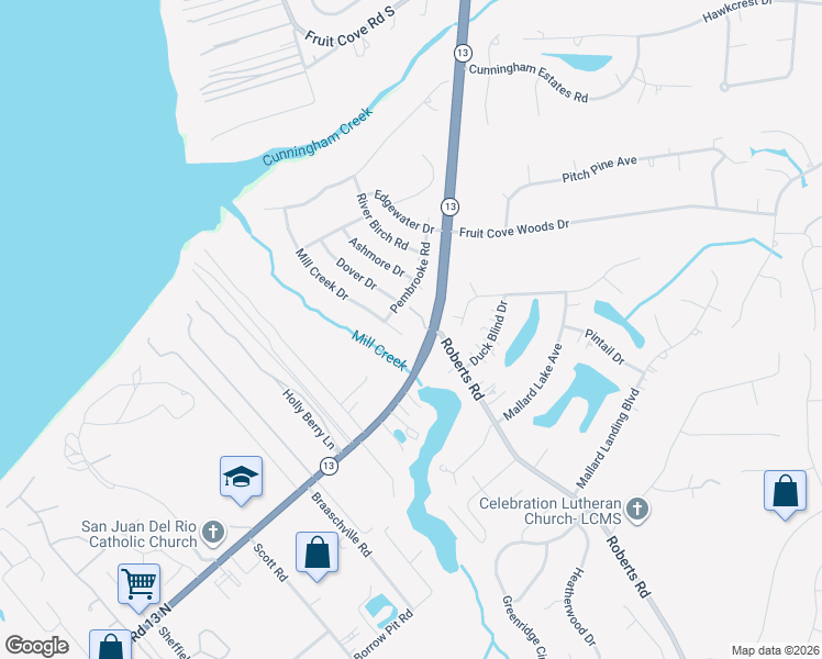 map of restaurants, bars, coffee shops, grocery stores, and more near 1185 Mill Creek Drive in Jacksonville